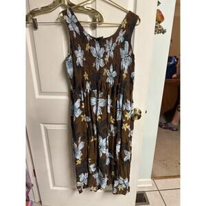 90s Aloha Hut Smocked tank midi luau dress tropical Hawaiian Floral med 38w
